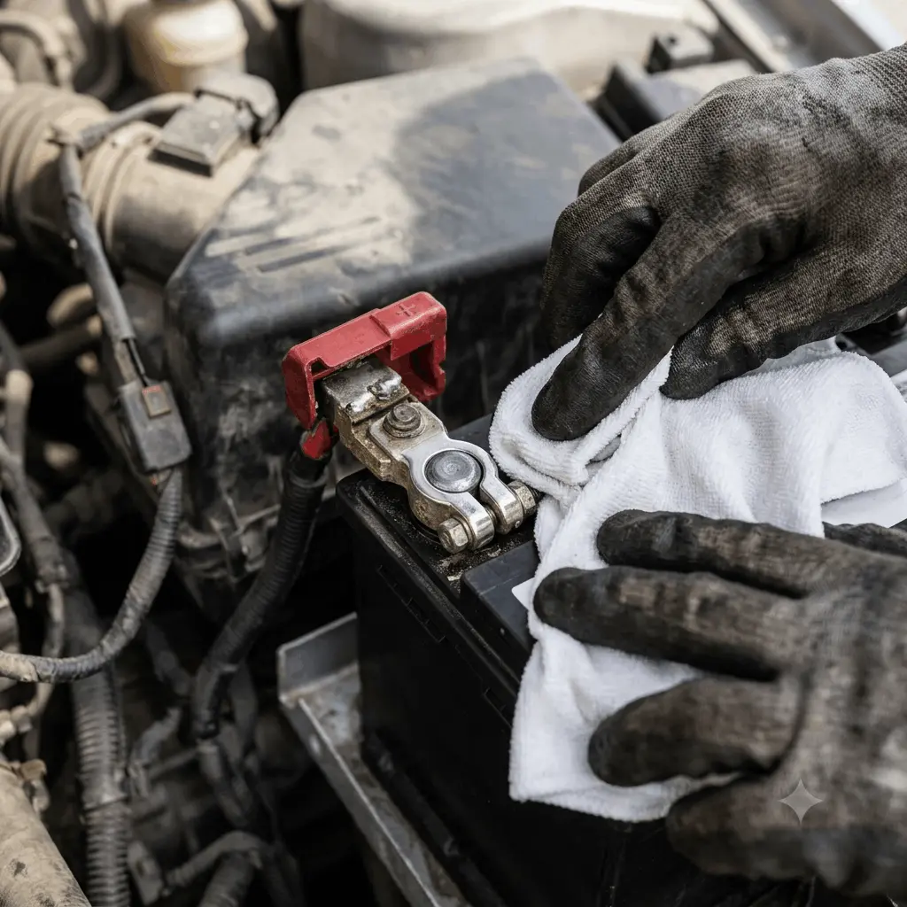 Close-up of a car battery terminal connection being checked