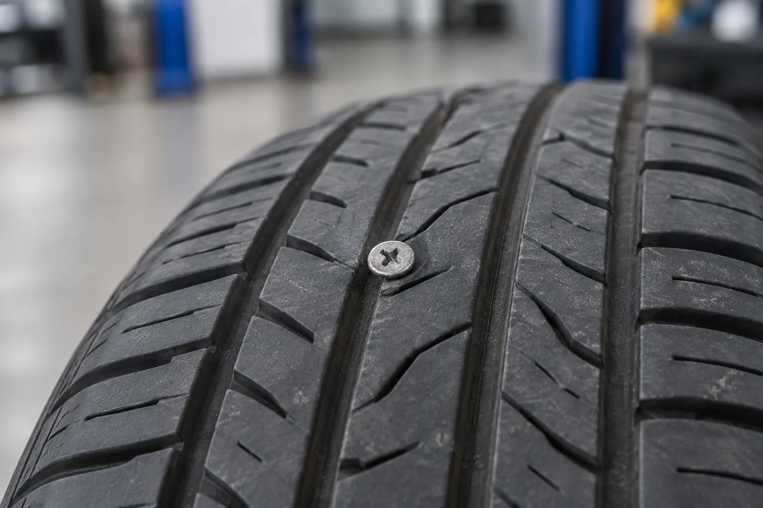 Close-up of a screw embedded in the central tread of a car tyre